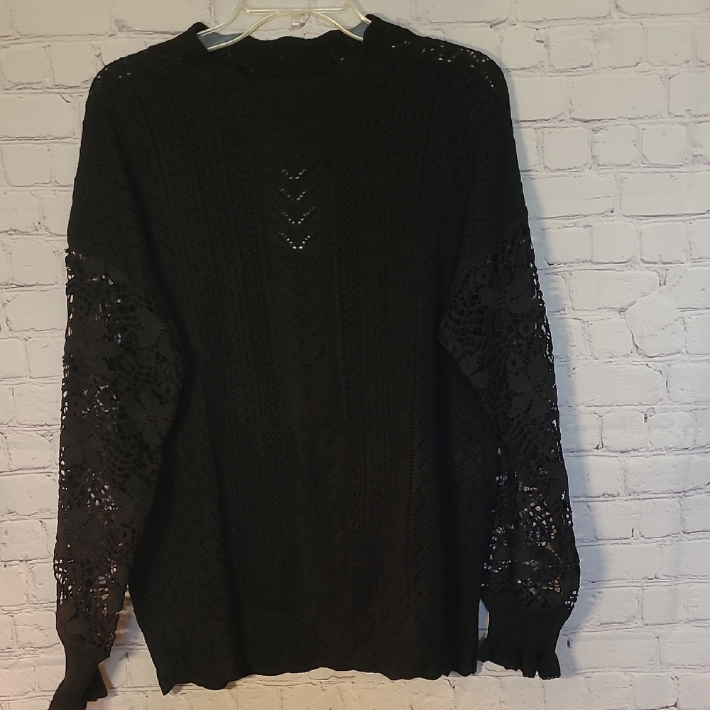 NEW Elegant Black Lace Sleeve Sweater Size XL Open Knit Mock Neck